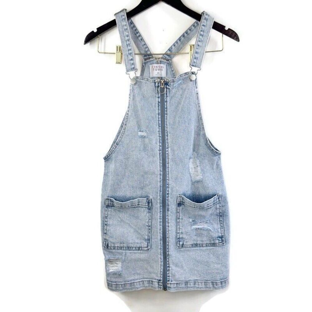 Tinsel Town‎ Overall Distressed Zipper Denim Dress Size XS Front Pockets